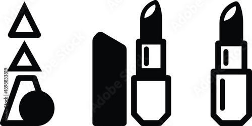 Collection of minimalist black icons representing geometric shapes and makeup products isolated on transparent background