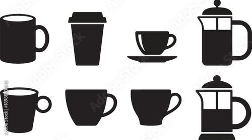Collection of simplified black silhouette icons representing various coffee and tea beverage containers for beverage service