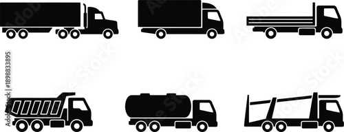 Collection of six distinct black silhouette truck icons representing different types of commercial vehicles for transportation needs