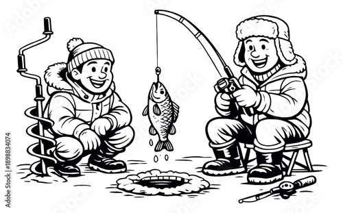 Hand drawn line art illustration of two happy fishermen depicting a fresh catch for winter outdoor recreation