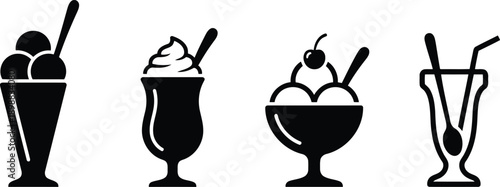 Four stylized black and white icon representations of various desserts including ice cream sundaes and beverages isolated on a transparent background