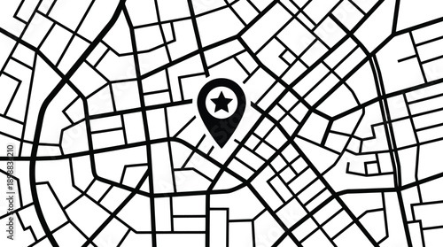 Stylized abstract city street map graphic with a central black location pin icon featuring a star symbol
