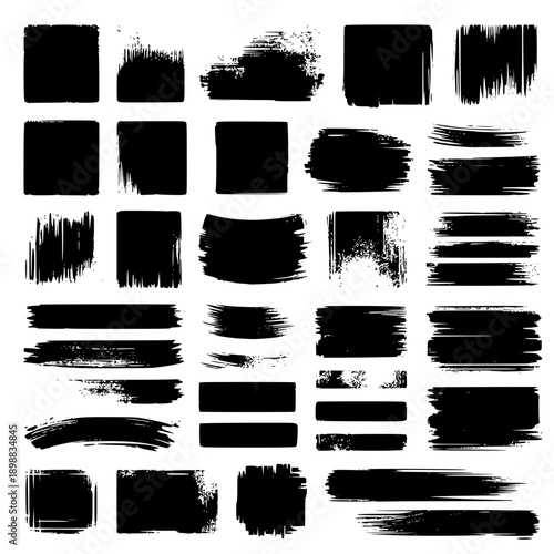 Paint brush strokes. Black vector rough edge rectangles. Grunge square frames set. Jagged edge torn paper background collection. Grungy distressed text boxes. Transparent background SVG version.