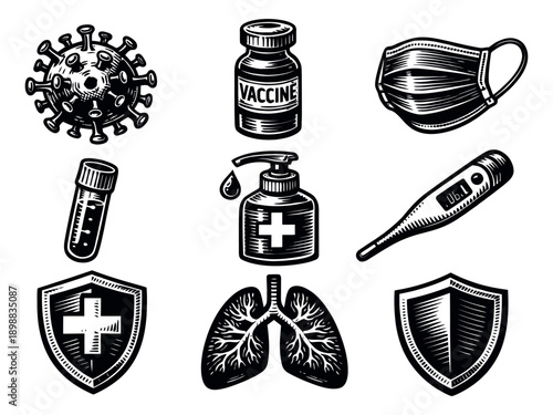 Retro hand drawn medical safety set featuring coronavirus, vaccine, face mask, and essential healthcare items for public health and disease prevention