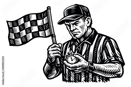Woodcut style illustration of a race official depicting timekeeping and signaling for racing events
