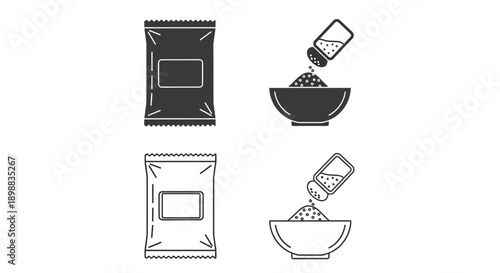 Packaged food items and seasoning being poured into a bowl.