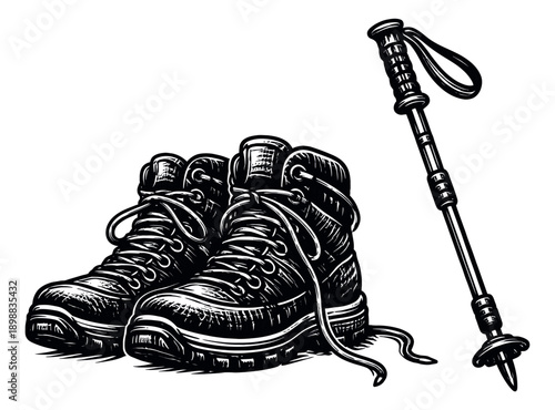 Hand drawn line art outdoor gear set featuring hiking boots and a trekking pole for adventure travel