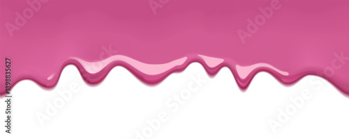 Pink melt drips of berry jam or paint with glossy texture for realistic vector background. Purple drips of liquid candy flow or ice cream wave splash of melting sweet syrup