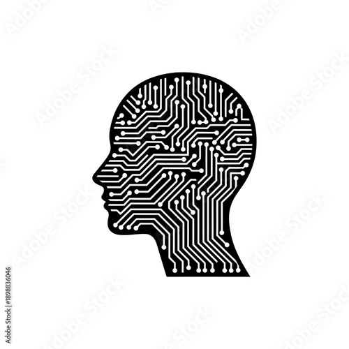 A futuristic silhouette of a human head integrated with intricate circuit patterns.