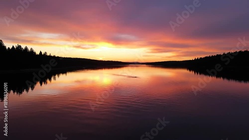 Wallpaper Mural Serene lake reflects vibrant sunset sky over dark treeline Torontodigital.ca