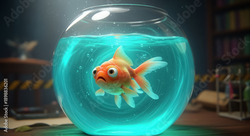 Anxious Cartoon Goldfish in a Glowing Aqua Fishbowl