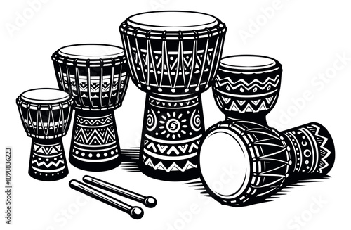 Hand drawn line art djembe drum set featuring traditional African patterns and drumsticks for music celebration