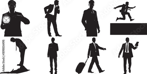 Dynamic businessman silhouettes capturing moments of urgency, time management, travel, and everyday corporate life scenarios.
