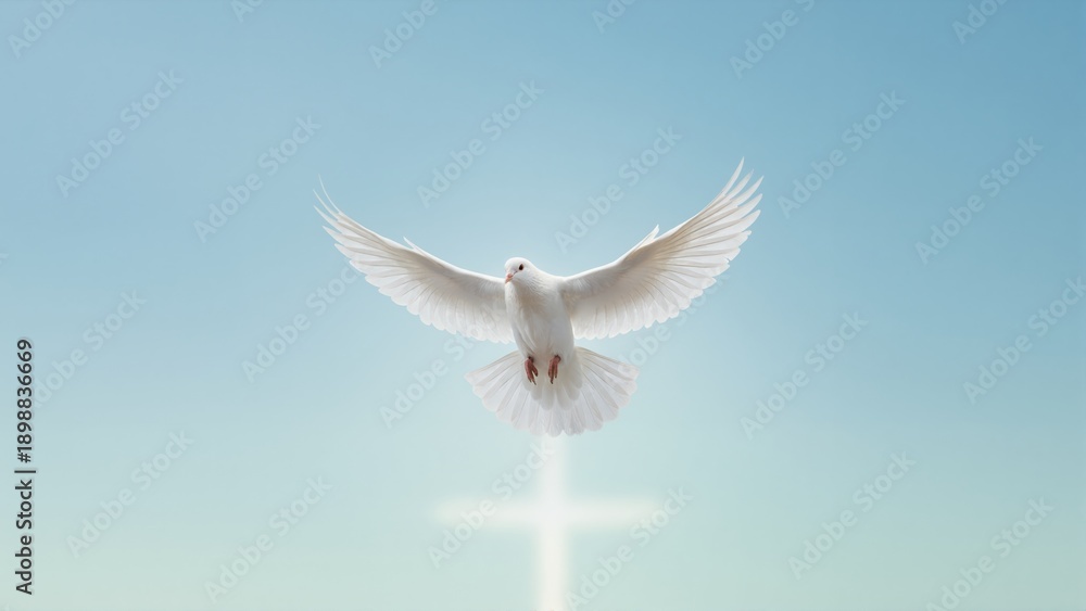 Obraz premium White dove flying above glowing cross in blue sky. Religious symbol of Holy Spirit and faith. Resurrection and Christianity concept