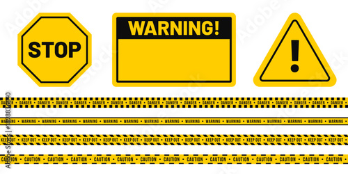 Set of warning and stop signs in black and yellow colors. Octagon stop sign, triangular warning sign with black exclamation mark. Danger and caution tapes on a transparent background. Vector