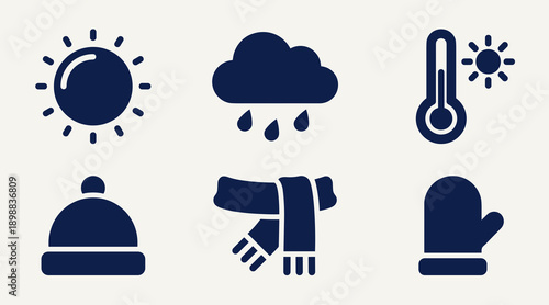 Minimalist flat icon collection representing meteorological conditions and seasonal apparel including sun rain temperature beanie scarf and warm winter mitten