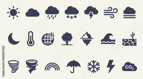 A comprehensive set of minimalist weather and environmental icons representing meteorological conditions and global climate change issues for digital design