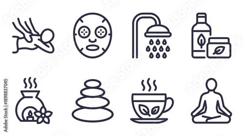 Collection of minimalist outline icons representing beauty treatments relaxation health and self care activities for spa salon and wellness center branding
