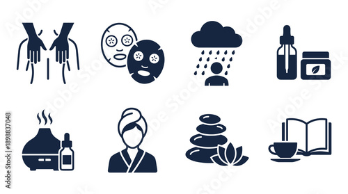 Black flat icons representing spa treatments beauty skincare routines massage therapy aromatherapy and mental health relaxation activities for wellness