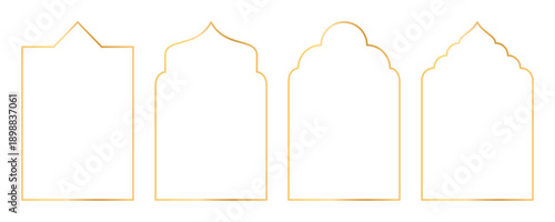 Islamic golden frames collection. Traditional Arabic door and window frames. Oriental mosque arch in luxury style. Set of outline Arabic golden frames and windows with Islamic geometric patterns