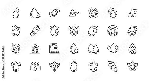 Various water drop line icons illustrate liquid concepts.