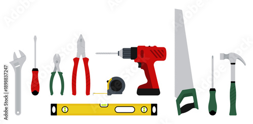 Hardware tools set, wrench, pliers, cutter, screwdriver, hammer, handsaw, drill, level, tape measure. Simplicity modern illustration.