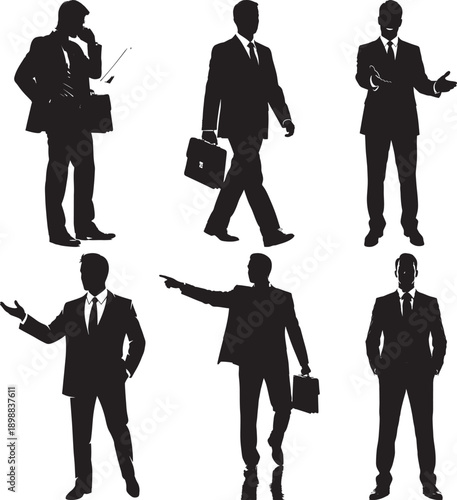 Versatile collection of businessman silhouettes in various poses, suggesting communication, direction, and professional engagement.