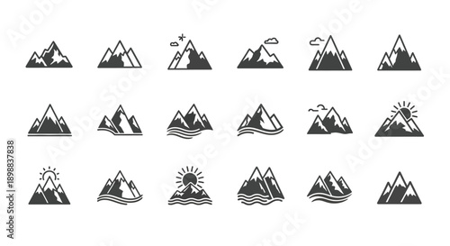 Eighteen varied mountain range icons show peaks with.