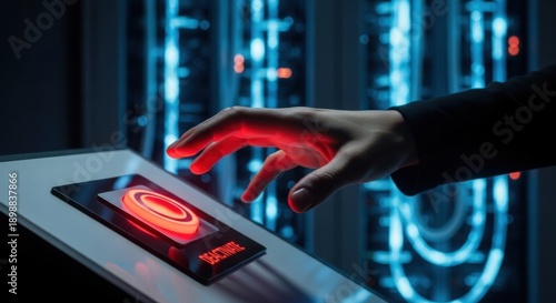 Hand preparing to deactivate system power in server room