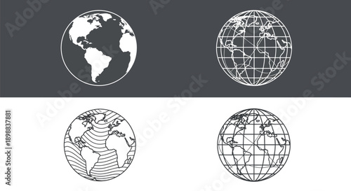 Four stylized globes display map projections and grids.