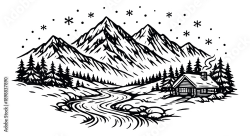 Hand drawn line art illustration of a winter mountain landscape depicting snowfall and a cozy cabin for outdoor adventure designs