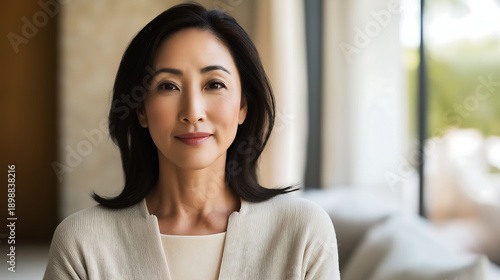Professional Asian American middle-aged woman looking at camera, portraying confidence, wisdom, and success in a bright, modern indoor setting Free Download Professional Asian American middle-aged woman looking at camera, portraying confidence, wisdom, and success in a bright, modern indoor setting - GFXLoad