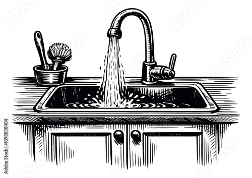 Hand drawn line art illustration of a kitchen sink depicting water running from a faucet for household cleaning