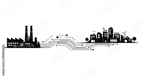 Sustainable urban development concept, cityscape with factory and modern buildings connected by lines, representing industrial transition to eco-friendly city, environmental change, urban planning,...