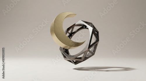 Premium 3D Matte Gold Crescent with Geometric Ring on Clean Gradient, Copy Space