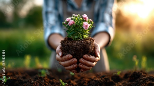 A caring gardener cradles a freshly potted flower, presenting a sense of nurturing and growth as sunlight filters through the lush greenery, capturing nature's beauty and life.