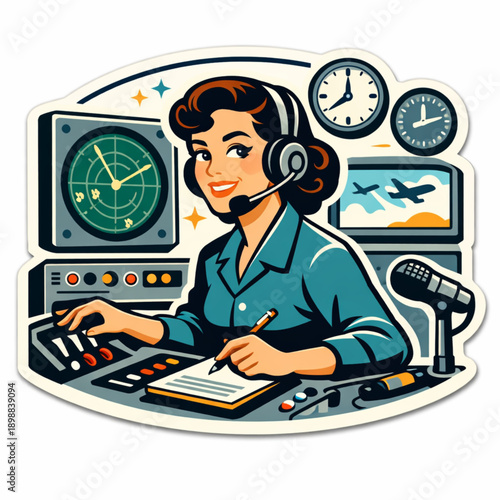 1950s Inspired Flat Vector Sticker of Woman Navigating Air Traffic Control with Precision and Confident Responsibility