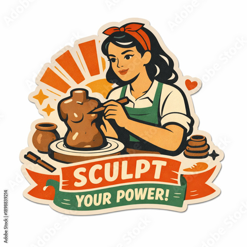 Retro Flat Vector Sticker of Woman Sculpting Clay with Artistic Empowerment and Expressive Confidence
