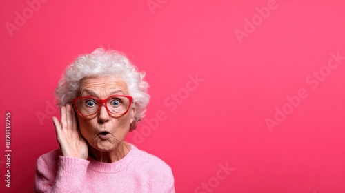 An elderly woman with curly white hair and red glasses expresses surprise against a bold pink background, showcasing a vibrant and playful interaction with her surroundings.