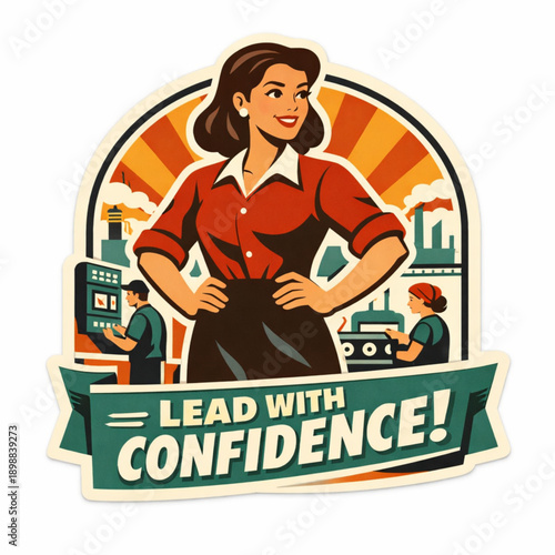 Retro Flat Vector Sticker of Woman Supervising Factory Floor with Confident Leadership and Industrial Responsibility