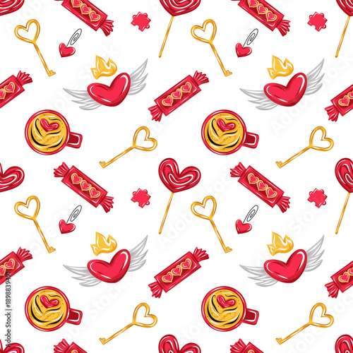 Seamless Valentine pattern with winged hearts, golden keys, candies and coffee cup. Vector. Colorful romantic illustration for love designs, wrapping paper, cards, textiles, and wallpapers, stationery