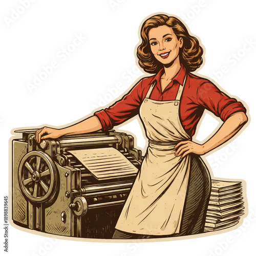 Vintage Flat Vector Sticker of Woman Operating Printing Press with Confident Production and Leadership Symbolism