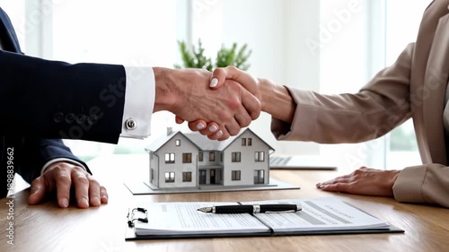 Real estate agents concluding a successful property transaction, shaking hands over a signed contract document with a miniature house model placed on a wooden office desk