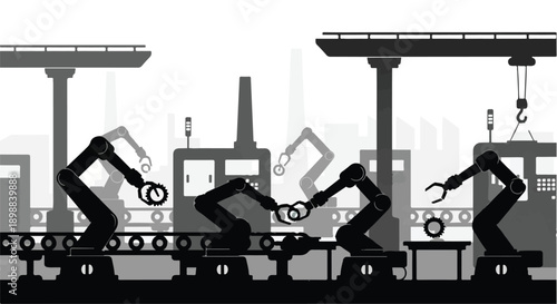 Industrial robotic arms working on assembly line in factory, manufacturing process, automation technology, robotics engineering, industrial production line