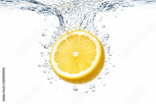 A slice of lemon is being squeezed by hand with water droplets flying out from it.