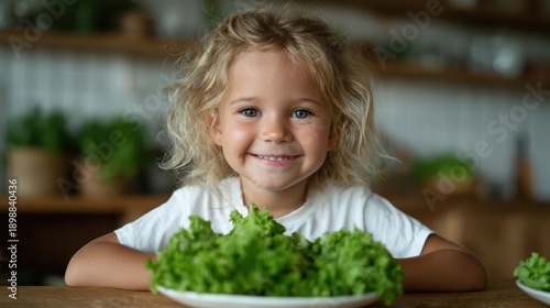 A happy child smiles brightly while surrounded by fresh lettuce on the kitchen table, representing healthy eating habits and the joy of children engaging with wholesome foods and family life.