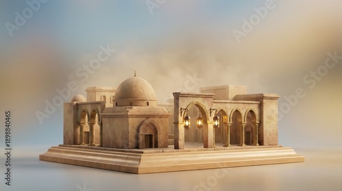 Premium 3D Miniature Mosque Diorama with Dome, Arches and Hanging Lanterns, Gradient Copy Space