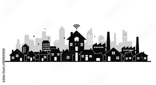 Black silhouette cityscape with modern skyscrapers and traditional houses, urban landscape with satellite dish, city skyline at night or daytime with gray background, illustration for architecture ...