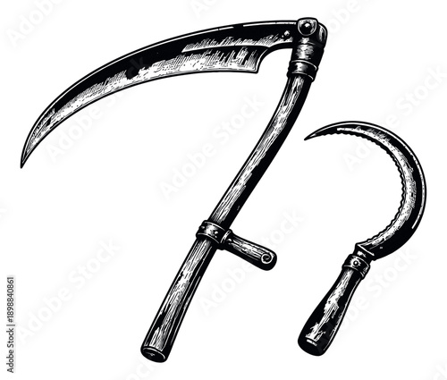 Hand drawn harvesting tools set featuring a scythe and a sickle for agricultural designs