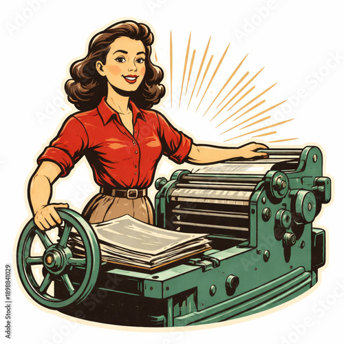 Vintage Flat Vector Sticker of Woman Operating Printing Press with Confident Production and Leadership Symbolism